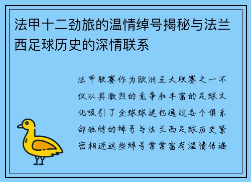 法甲十二劲旅的温情绰号揭秘与法兰西足球历史的深情联系