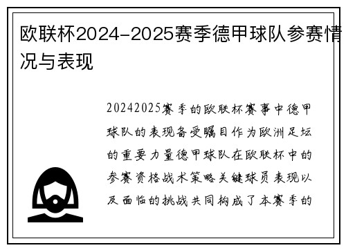 欧联杯2024-2025赛季德甲球队参赛情况与表现